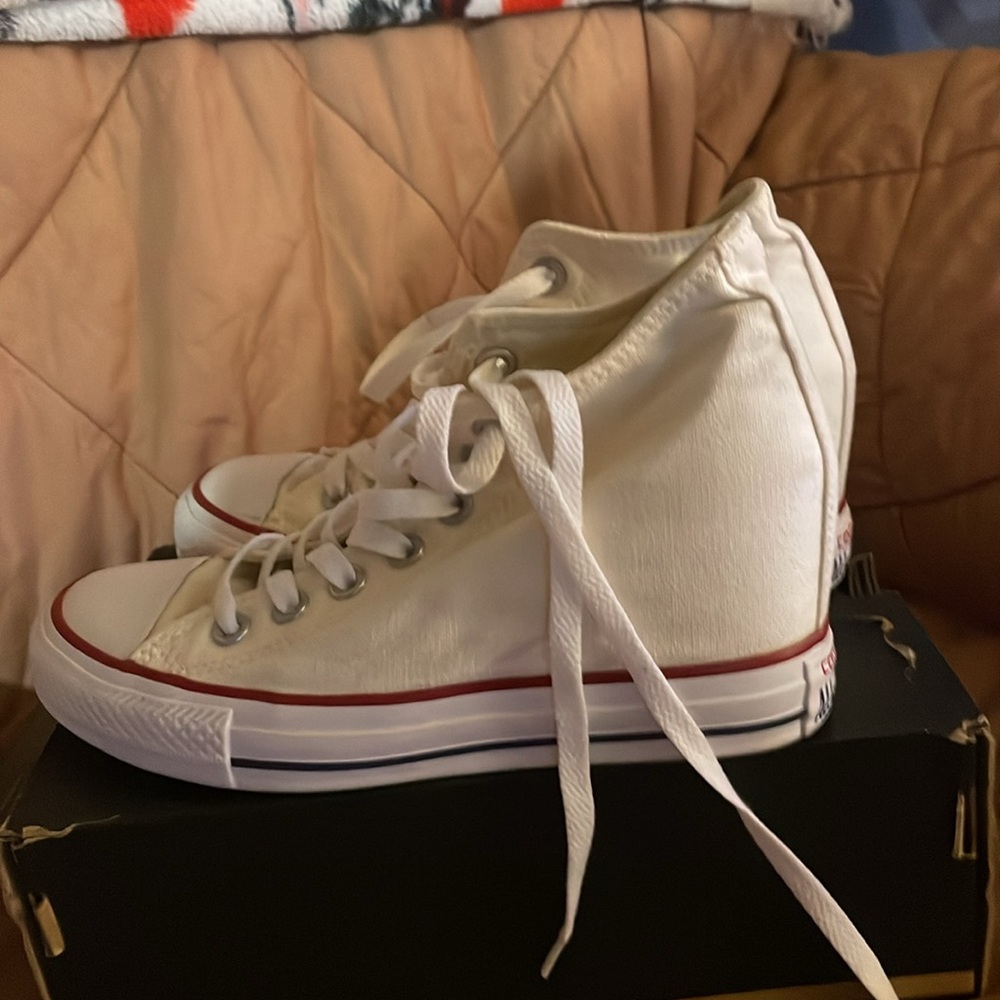 Converse White High-Top Wedge Sneakers with Red Stripe